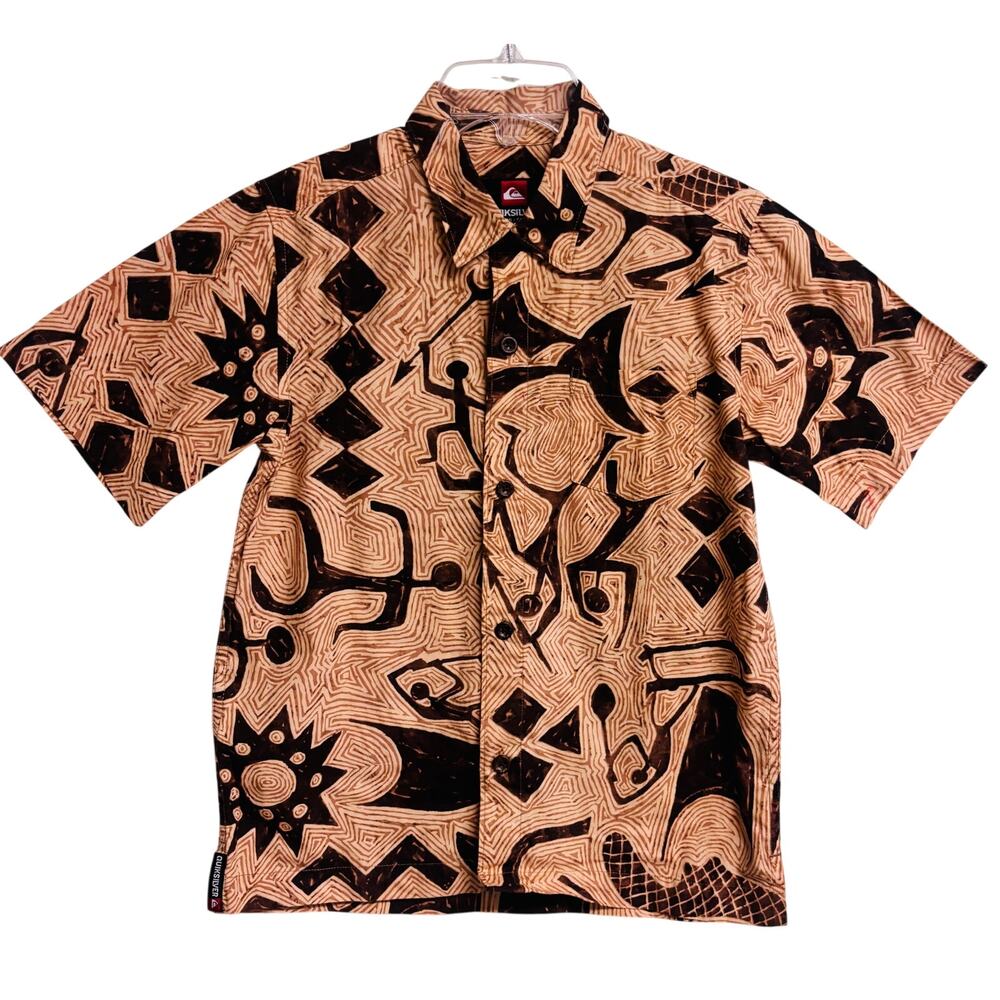 Quiksilver Boys Hawaiian Shirt Tribal Brown Tan Short Sleeve Button Up XL 7X New